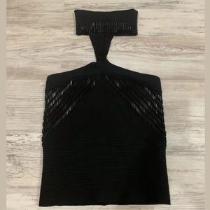 WAYNE ROGERS Black Beaded Ribbed Silk Turtleneck M